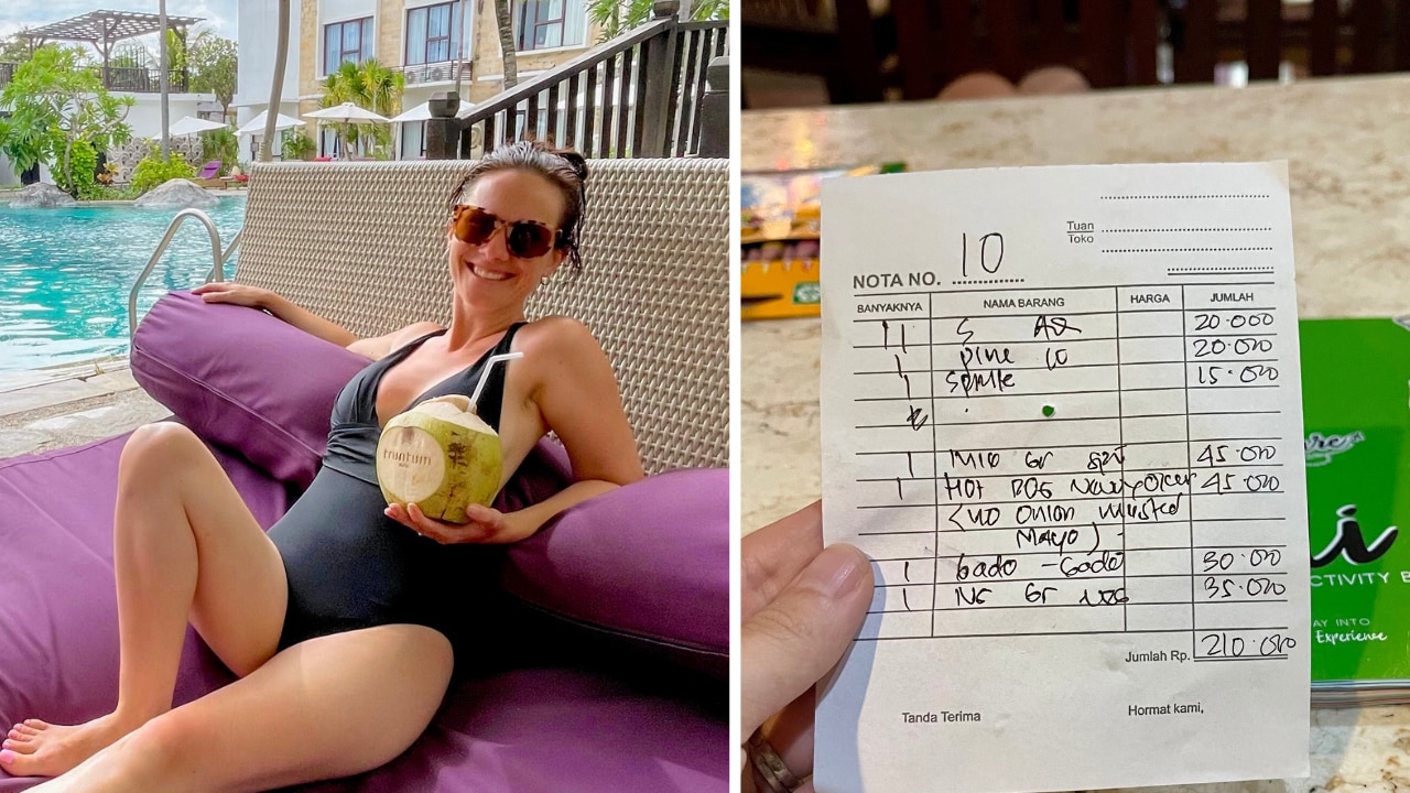 Kirstin in Bali and a receipt showing four Adults Fed for $21 AUD at Tree House, Kuta Bali. Image: Supplied.