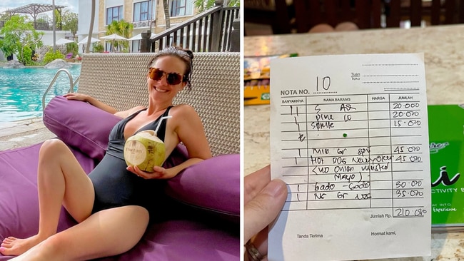 Kirstin in Bali and a receipt showing four Adults Fed for $21 AUD at Tree House, Kuta Bali. Image: Supplied.