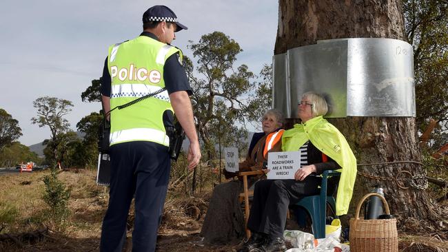 Isabel Mackenzie, 91, and Helen Lewers, 62, chained to a tree next to the Western Highway in the protest over the highway widening. Picture: Nicole Garmston