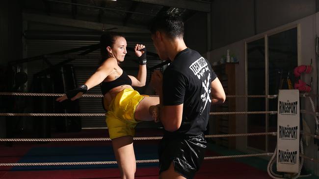 Cairns Muay Thai fighter Jessica Geyl is the Australian WKBF Super Welterweight title holder after defeating Hannah Dalby over 5 rounds in Brisbane on March 13. Picture: Brendan Radke