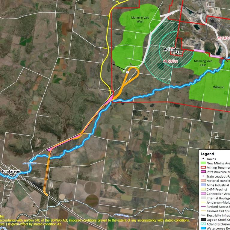 Maps of the proposed Stage 3 expansion of the New Acland Coal Mine. The area is green shows the new coal pits. The town of Acland is in the centre.