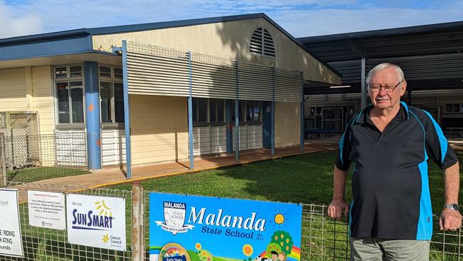 Malanda retiree Norman Waugh outside the Malanda State School where he was invited to give a history talk to year 1 students but was denied because he did not have a Blue Card.