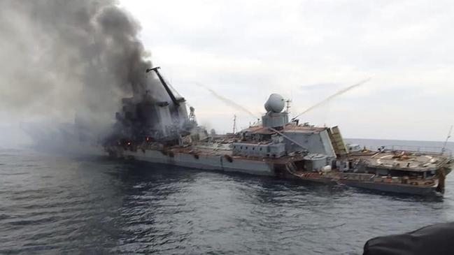 The Moskva lists before sinking, after the vessel was hit by at least one Ukrainian anti-ship missile.