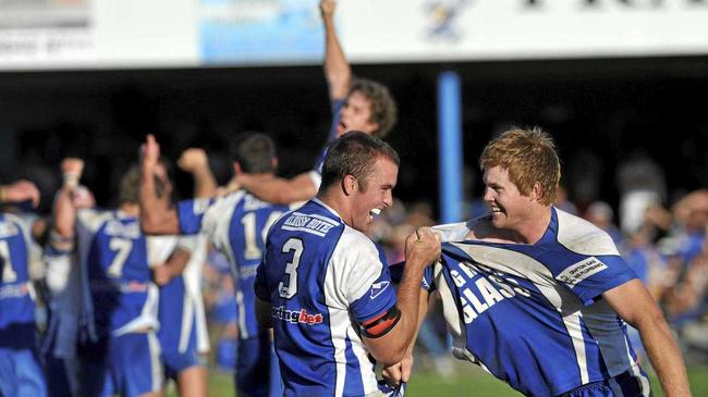 FLASHBACK: Khan Williams and Ben McLennan celebrate the Grafton Ghosts' 2011 premiership win after the final siren in the NRRRL 1st Grade grand final at Frank McGuren Field. This weekend McLennan, who has announced his retirement at the end of the this season, will play his last match in the Group 2 Rugby League First Grade grand final against Coffs Harbour Comets. c: Adam Hourigan/The Daily Examiner. Picture: Adam Hourigan