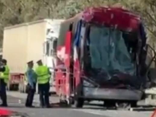 **MUST CREDIT NINE***A﻿ bus driver has been killed and a dozen passengers have been injured in a crash in the NSW Riverina region., The bus and a heavy truck collided at 3.35am ﻿on the Hume Highway at Kyeamba, about 50km south of Wagga Wagga. Picture: Nine