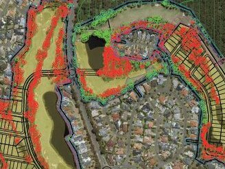 An image from planning documents showing, in red, the Non-Juvenile Koala Habitat Trees to be removed in the proposed Arundel Hills development, and in green, those to be retained.