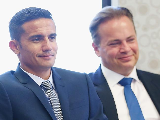 Tim Cahill and Mark Bosnich at the announcement of the six year deal with Fox Sports worth 346 million dollars in December, 2016. Picture: Getty