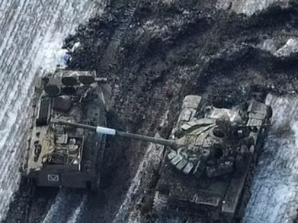 Shocking aerial footage taken by Ukrainian drones in the aftermath of the attack showed twisted wreckage of armoured vehicles littering the fields on the outskirts of Vuhledar. Picture: Supplied