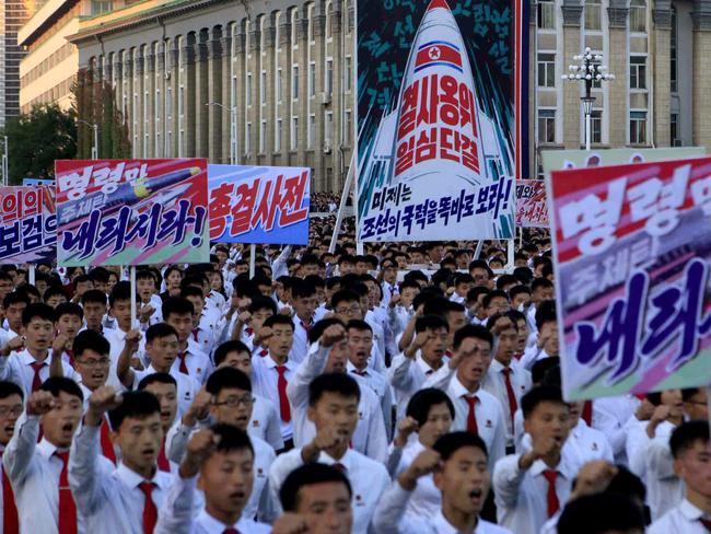 Hundreds of thousands of North Koreans gathered at Kim Il Sung Square to attend a mass rally against America. Picture: AP