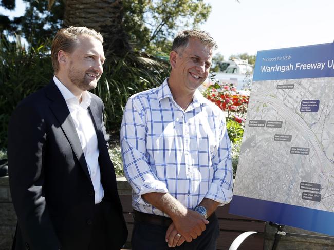 Former NSW Roads Minister Andrew Constance (right) with Liberal State MP for Manly, James Griffin, during a press conference at Ridge Street Lookout in North Sydney in March 2021, ahead of the start of work on the Warringah Freeway upgrade, which paves the way for the future Western Harbour Tunnel and a proposed Beaches Link. Picture: Jonathan Ng