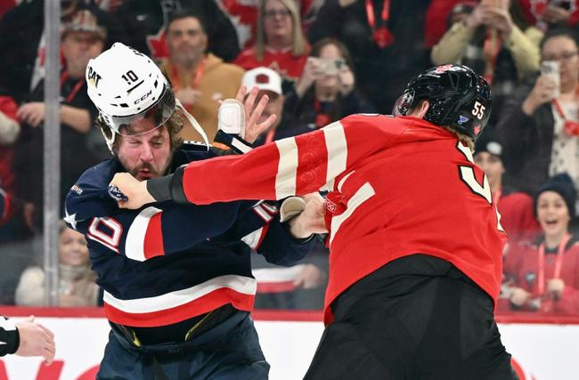 Team USA's J.T. Miller, left, fights with Canada's Colton Parayko in a 3-1 US victory that helped set up Thursday's Four Nations Face-Off final rematch at Boston