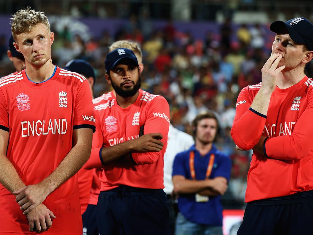 England’s Test and limited overs captains, Joe Root and Eoin Morgan, are at odds over the cause of the side’s abject Ashes performance. Picture: Matthew Lewis/ICC via Getty Images.