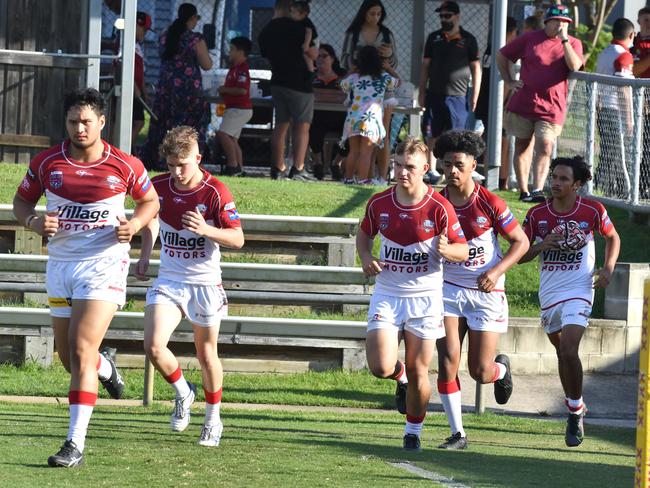 Redcliffe players run onto the ground.Meninga Cup under 18 club rugby league match between home team Brisbane Tigers and Redcliffe.Saturday March 27, 2021. Picture, John Gass