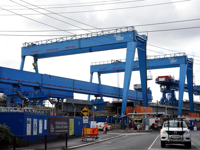 A massive 60 metre-long wheeled carrier has been set up near Murrumbeena railway station. Picture: Nicole Garmston