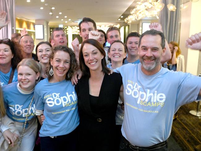 Sophie Scamps celebrates her win in the seat of Mackellar. Picture: Jeremy Piper