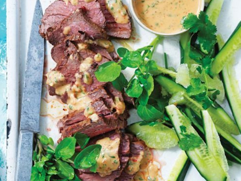 Satay beef fillet with watercress and cucumber.