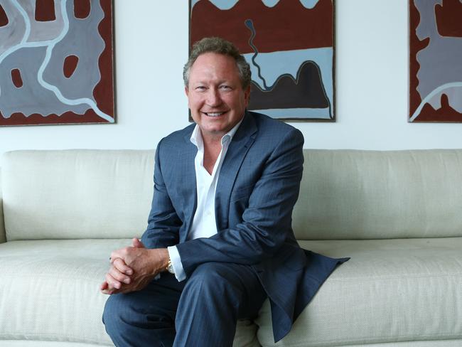 05/12/2016. Andrew Forrest, chairman and founder of Fortescue Minerals, iron ore company. Forrest is also a champion of business pushing ahead with anti-slavery issues and has established the Walk Free Foundation. Photographed with some Australian Indigenous artwork at his Sydney home base. Britta Campion / The Australian