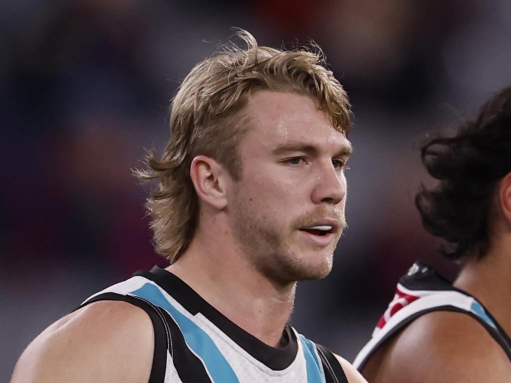 MELBOURNE, AUSTRALIA – AUGUST 10: Jason Horne-Francis of the Power celebrates a goal during the round 22 AFL match between Melbourne Demons and Port Adelaide Power at Melbourne Cricket Ground, on August 10, 2024, in Melbourne, Australia. (Photo by Darrian Traynor/AFL Photos/via Getty Images)