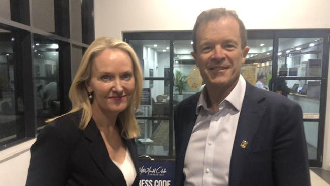 Opposition leader Mark Speakman, with the deputy leader of the NSW Liberal Party, Natalie Ward, outside a meeting of Liberal Party members on Thursday night. Picture: Jim O’Rourke