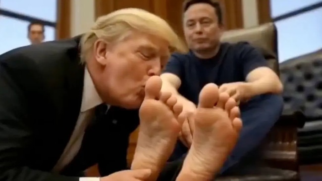 ** AI generated image ** Hackers have played images doctored by AI showing President Donald Trump kissing the feet of Elon Musk on video screens across to US federal departments. , Screens throughout the Department of Housing and Urban Development’s headquarters hacked into to display the images with the text “Long live the real king. took over video screens across two US federal departments have been hacked taken over by images purporting to show ” SUPPLIED