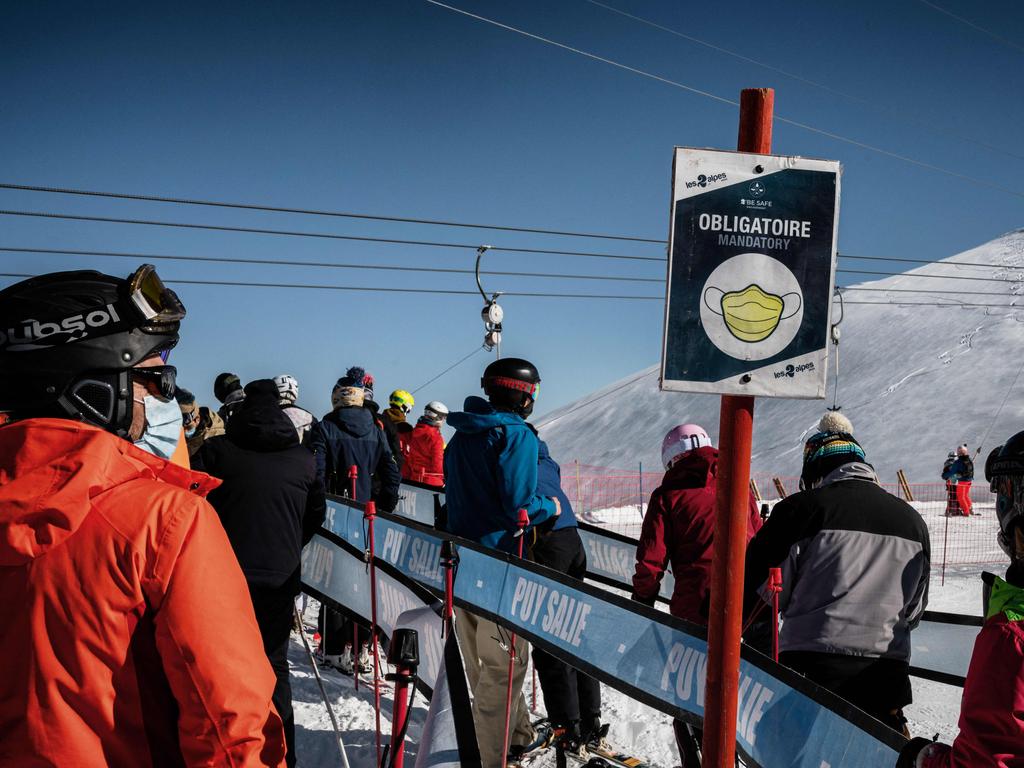 Masks will be compulsory in the queues of ski lifts in ski resorts and the health pass will also become compulsory in France if cases continue to rise. Picture: AFP