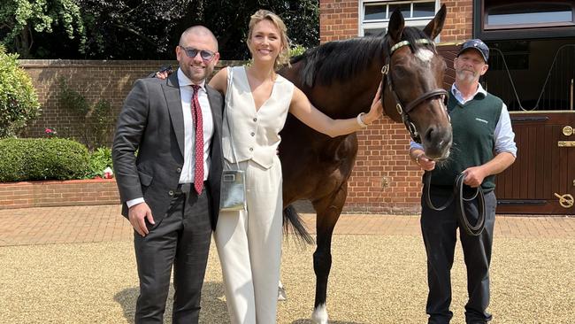 Mitchell Cunningham and his wife Stephanie with super horse Frankel. Picture: Supplied.