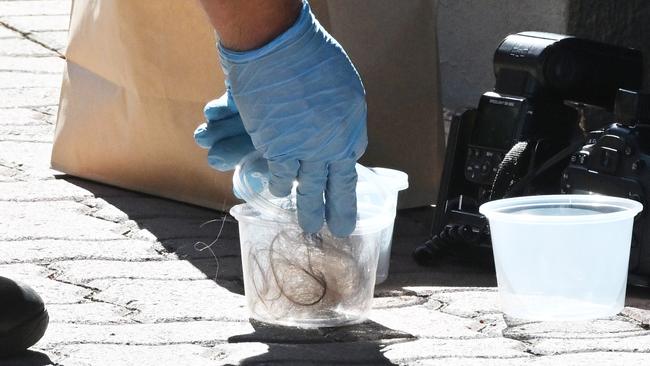 Forensic police collect hair after the large brawl. Picture: Brenton Edwards