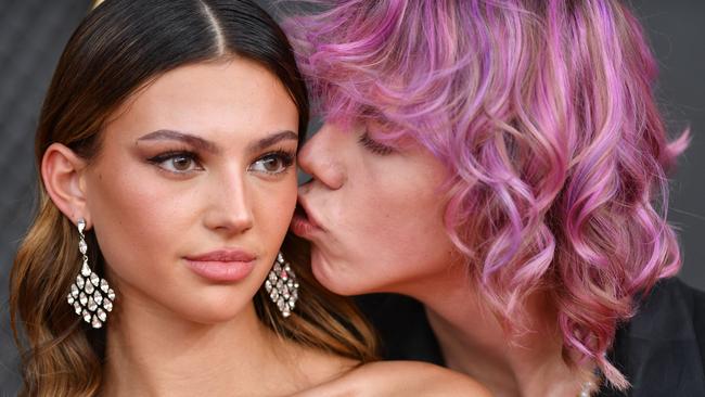 Australian rapper The Kid LAROI (R) and Katarina Deme at the 64th Annual Grammy Awards at the MGM Grand Garden Arena in Las Vegas on April 3. Photo: Angela Weiss