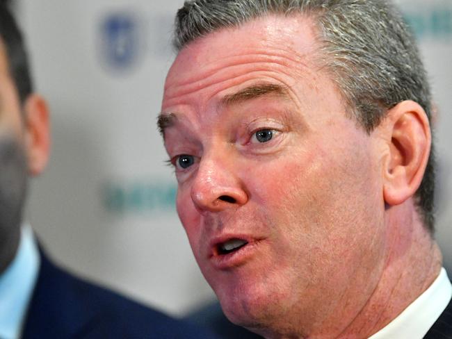 Federal Minister for Defence Industry Christopher Pyne and South Australian Premier Steven Marshall speak to the media at the University of South Australia, North Terrace, in Adelaide, South Australia, Wednesday, 6 June 2018. Minister Pyne is announcing  a $450 million grant between Siemens and the University of South Australia.  (AAP Image/David Mariuz) NO ARCHIVING