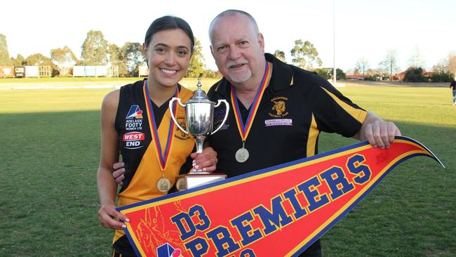 Broadview women’s football captain Alexandra Macolino (L) with coach Phil Summers (R) after the team won the 2019 Adelaide Footy League women's division three grand final. Picture: Supplied