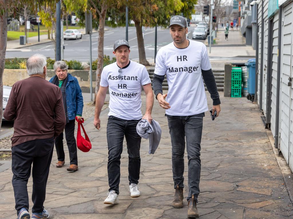 Jed Bees and Jonathon Ceglar. Geelong Football Club Cats players turn up to Wharf Shed for Mad Monday celebrations. Picture: Jason Edwards