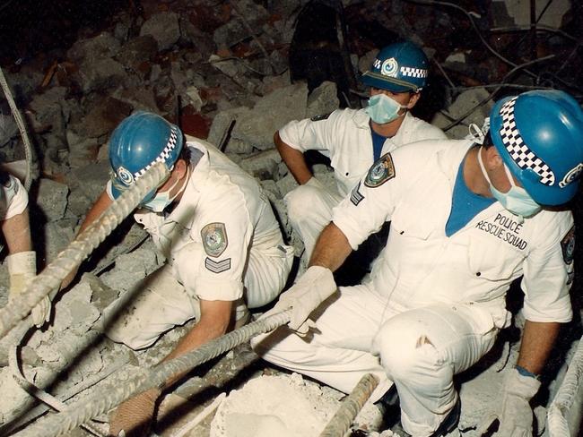 Rescuers in the Newcastle Workers Club which collapsed during an earthquake in 1989. Picture: Supplied