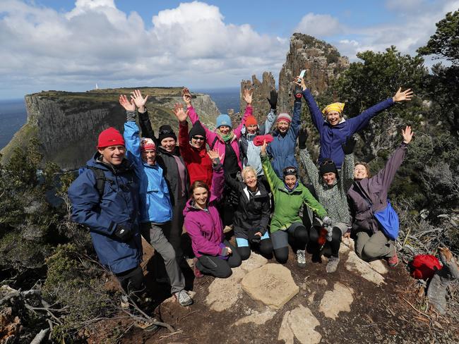 Day 3. Three Capes Track walk. A group of walkers celebrates arriving at the Seal Spa. PICTURE: Richard Jupe