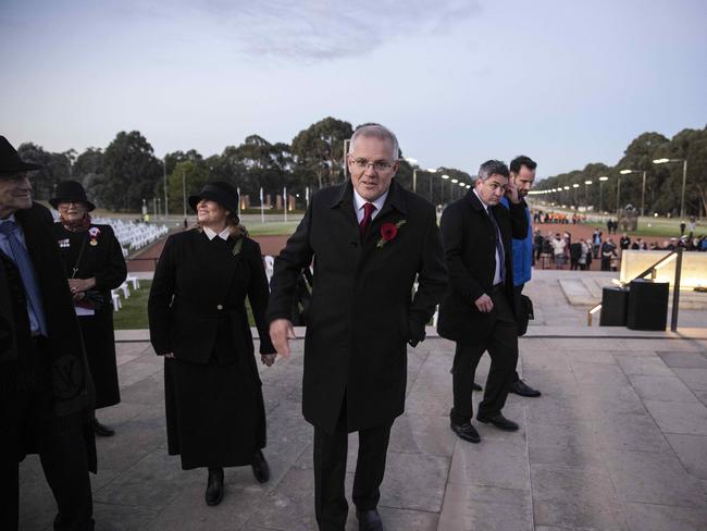 Prime Minister Scott Morrison and his wife Jenny in Canberra on Anzac Day. Picture: NCA NewsWire / Gary Ramage