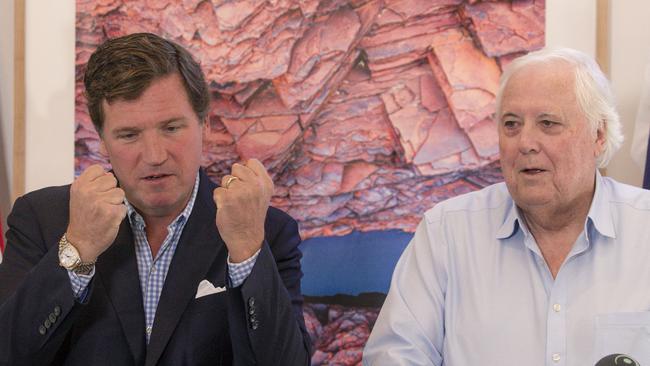 BRISBANE, AUSTRALIA - NewsWire Photos - JUNE 19, 2024: American journalist aand Journalist Tucker Carlson and Australian mining magnate Clive Palmer give a press conference ahead of the Australian Freedom Conference at the Palmers Fig Tree Pocket estate.Picture: NewsWire / Glenn Campbell