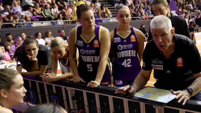 MELBOURNE, AUSTRALIA - MARCH 02: Chris Lucas, Coach of the Boomers speaks to players during game two of the WNBL Semi Final series between Melbourne Boomers and Southside Flyers at Melbourne Sports Centres - Parkville, on March 02, 2024, in Melbourne, Australia. (Photo by Kelly Defina/Getty Images)