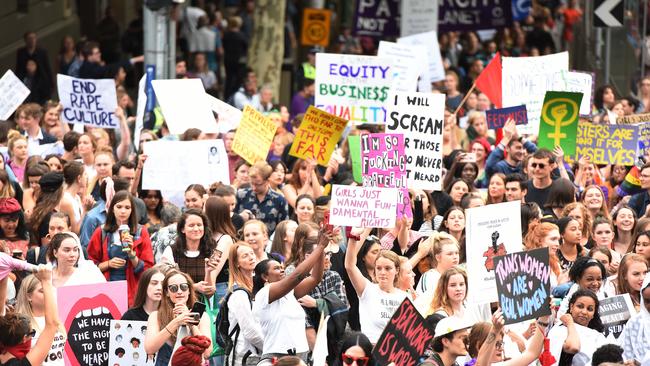 Woman march in Melbourne for the 2019 International Women’s Day rally. Picture: AAP / Ellen Smith