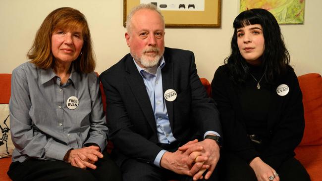 Ella Milman, Danielle and Mikhail Gershkovich, mother, sister and father to detained journalist, Evan Gershkovich, in Danielle's apartment in Philadelphia, Pennsylvaniam on February 27. Picture: AFP