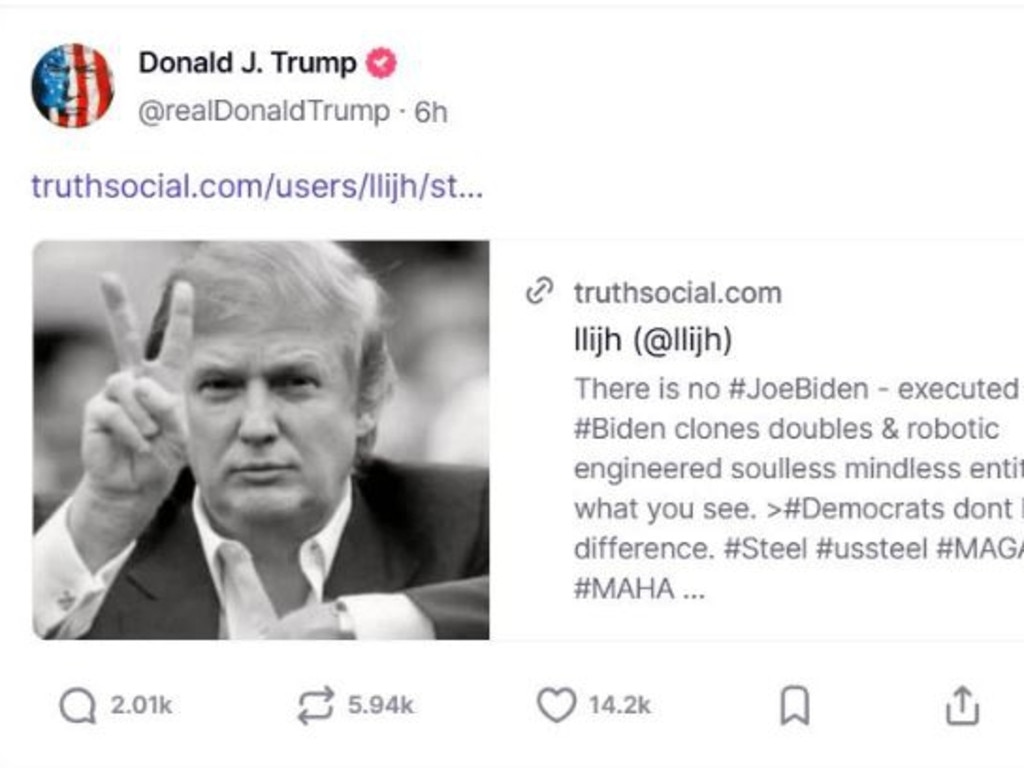Donald Trump ‘retruthed’ a post suggesting that his former opponent was a clone. Picture: Truth Social