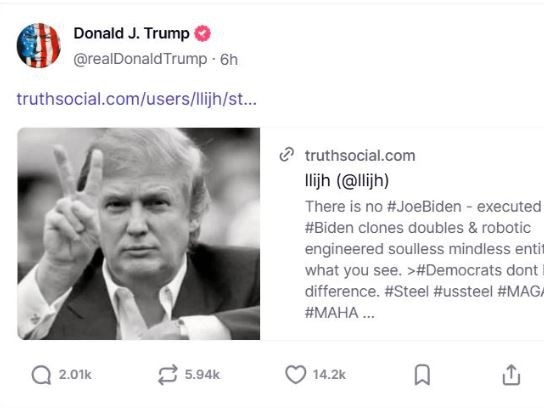 Donald Trump ‘retruthed’ a post suggesting that his former opponent was a clone. Picture: Truth Social