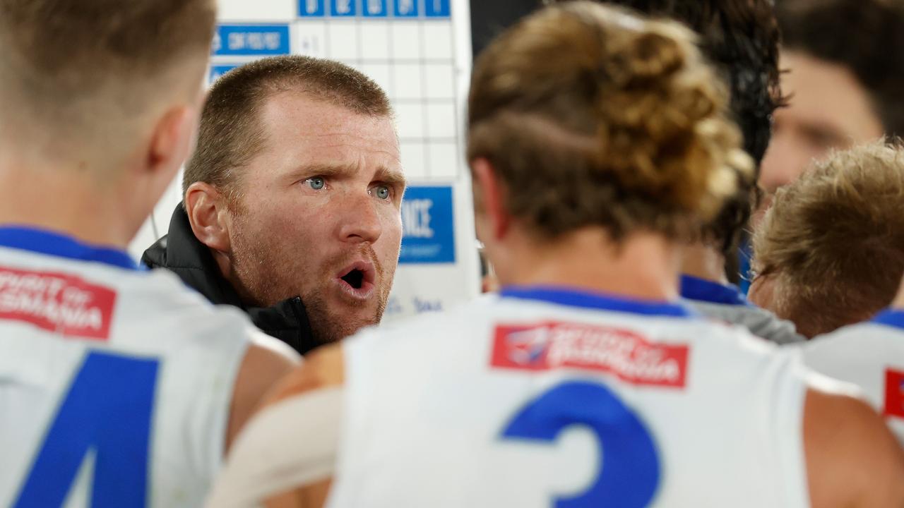 Leigh Adams speaks to his players during his first game in charge. Picture: Michael Willson/AFL Photos