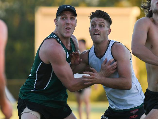 Tom Bell jostles with Ben Fennell during training at Greensborough. Picture: Nathan McNeill.