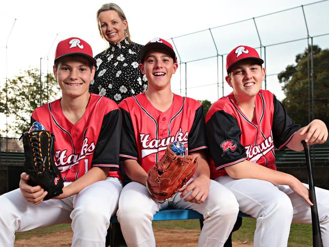 Federal Environment Minister Sussan Ley with Christian Lane, Matthew Harris and Daniel Thwaites from the Ryde Hawks Baseball League in Sydney. Picture: Adam Yip/NCA News Wire