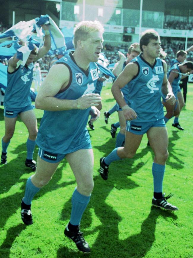 The Blues run out for the “M &amp; Ms match” at Optus Oval in 1997.