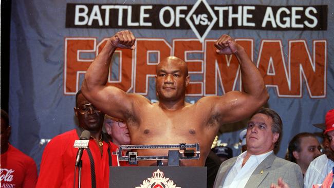 Boxing Heavyweight Champion George Foreman on 19 April 1991, where he weighed in before the fight against Evander Holyfield at the Trump Plaza in Atlantic City, New Jersey. Picture: Rick Stewart /Allsport