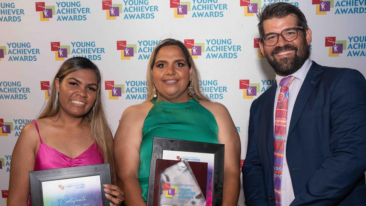 Shania Armstrong, Leela Kruger &amp; Alice Springs Mayor Matt Paterson at the NT Young Achiever Awards. Picture: Pema Tamang Pakhrin