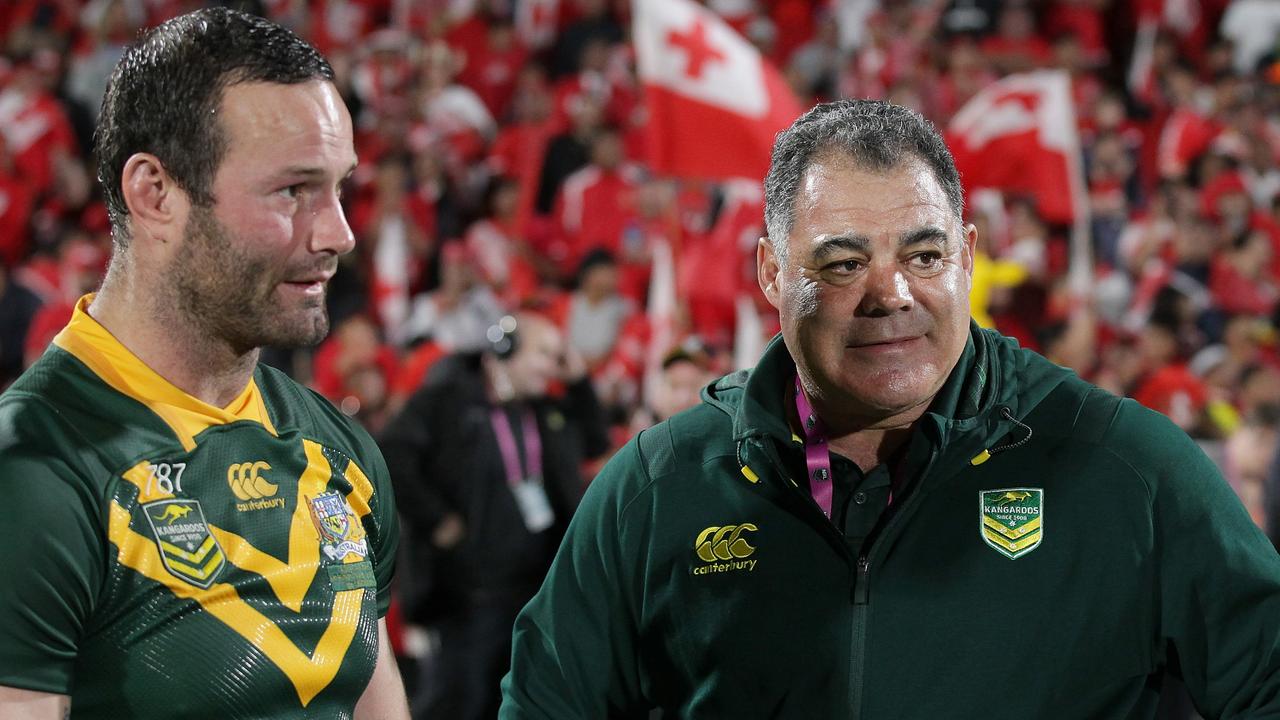 Kangaroos captain Boyd Cordner and Mal Meninga after last year’s loss to Tonga.  