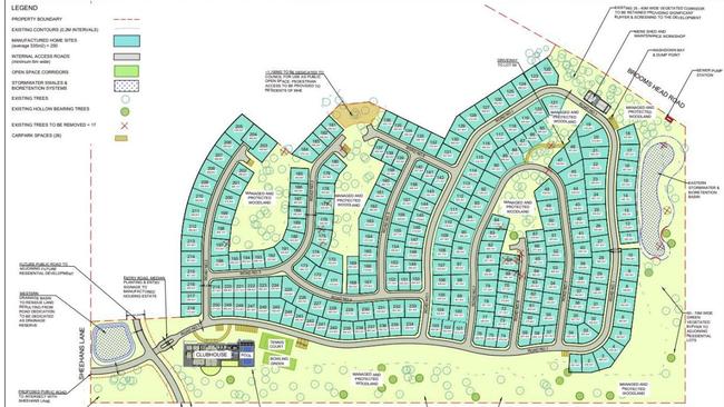 The amended plan for the Gulmarrad Manufactured Homes with 250 residences and significantly more green areas.