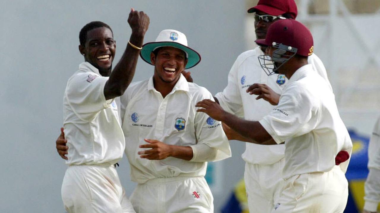 CRICKET - tour of West Indies - 9.5.03 - 4th Test - Australia v West Indies at the Recreation Ground, St. Johns, Antigua. Jermaine Lawson celebrates his wicket of Brett Lee caught behind. . He finished with seven wickets for the innings. pic. Phil Hillyard