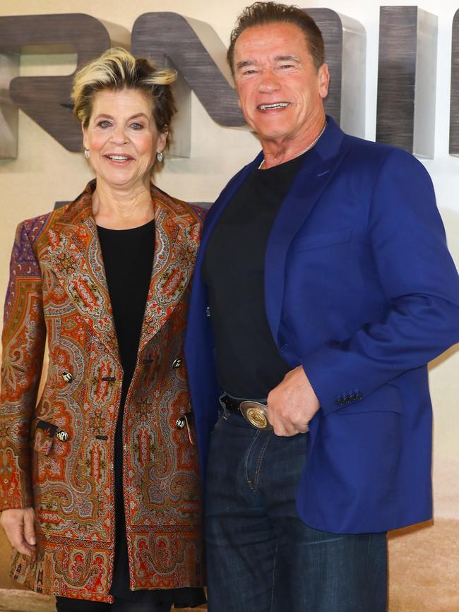 Linda Hamilton and Arnold Schwarzenegger attend the "Terminator: Dark Fate" photocall on October 17, 2019 in London, England. (Photo by Tim P. Whitby/Getty Images)